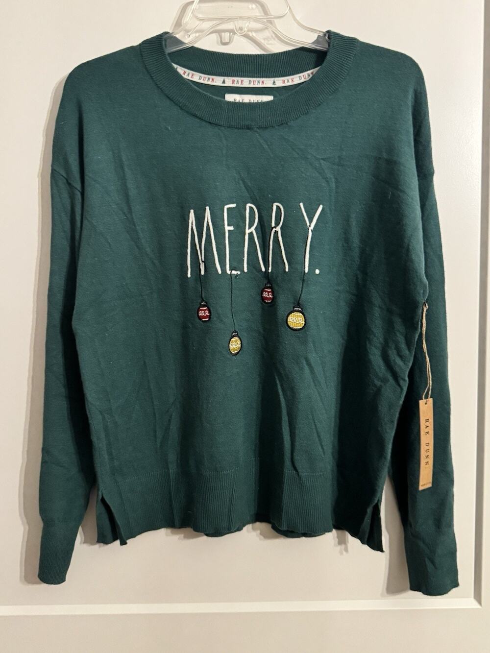 Rae Dunn Green Sweater “Merry” Christmas Lights Embroidered NWT Sz M Holiday